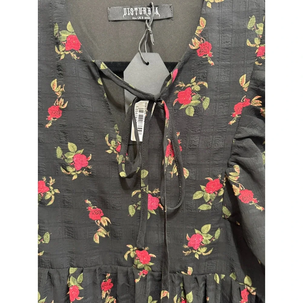 Disturbia Darcy Floral Print Chiffon Midaxi Dress Black Red Rose Gothic US 4